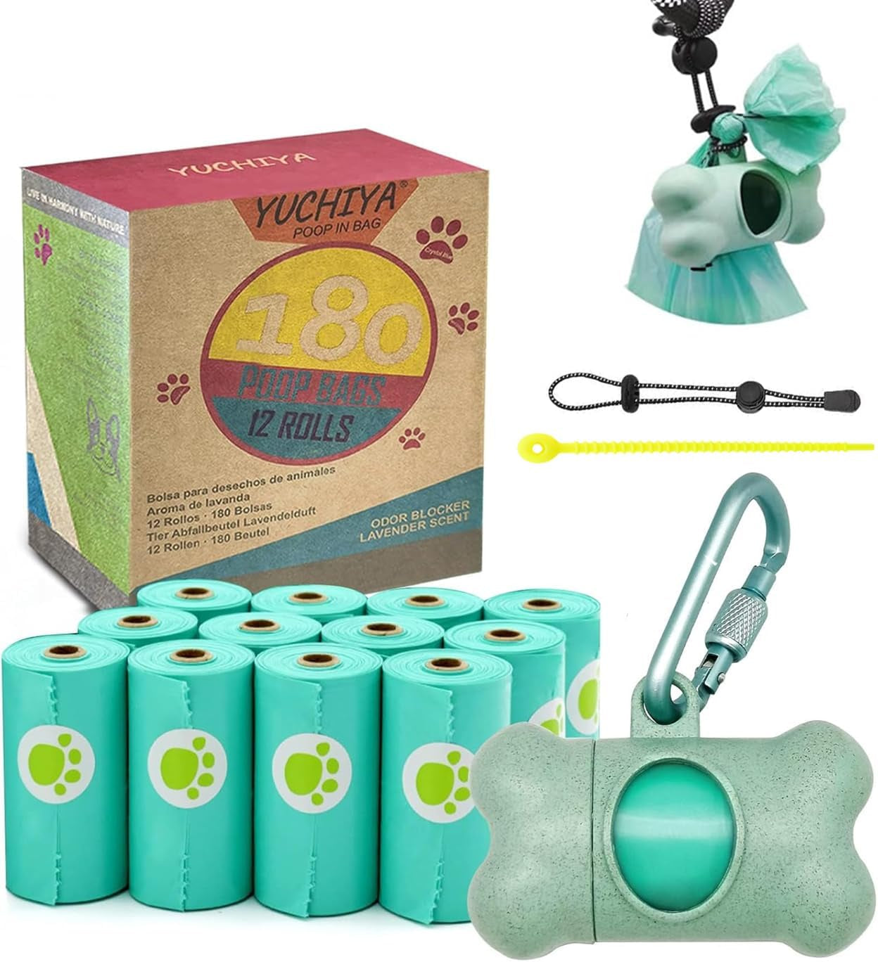 Dog Poop Pickup Bags Holder Dispenser with Standard-Sized Leak-Proof Scented Doggy Waste Bags and Carabiner with Safety Lock plus Hook and Loop Fastener Never Loose on Leash Lead Again (Blue, 1 Holder 195 Bags) …