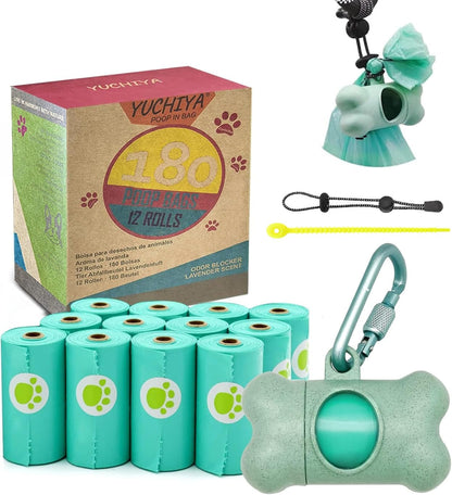 Dog Poop Pickup Bags Holder Dispenser with Standard-Sized Leak-Proof Scented Doggy Waste Bags and Carabiner with Safety Lock plus Hook and Loop Fastener Never Loose on Leash Lead Again (Blue, 1 Holder 195 Bags) …